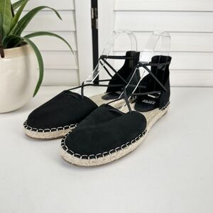 Eileen Fisher Black Nubuck Espadrille Flats Elastic Lace Up Sandal Shoe Size 7.5